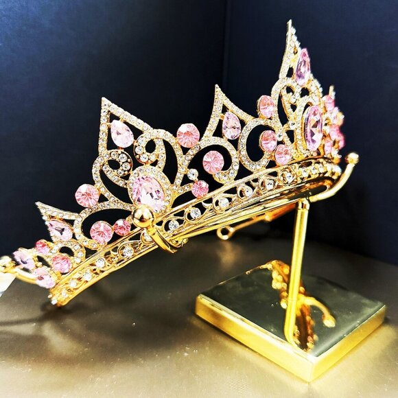 Gold Tiara and Crown for Women, Queen Crown, Princess Tiara, Pink Gemstone Tiara - Picture 4 of 5